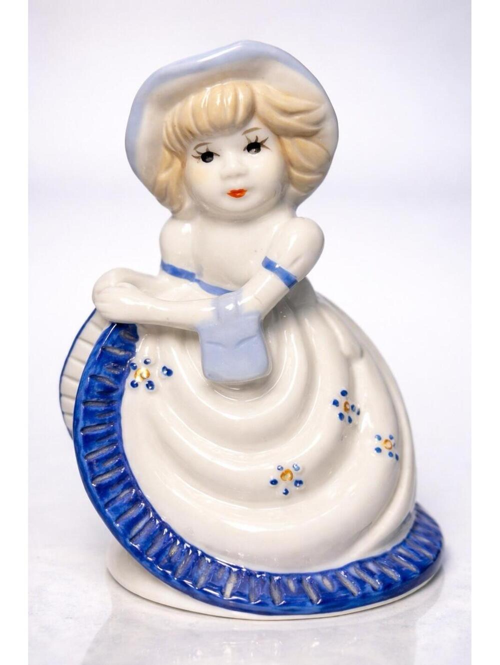 Vintage 1980s Southern Belle Hand Bell Blue White Porcelain Figurine, 3x5.25”